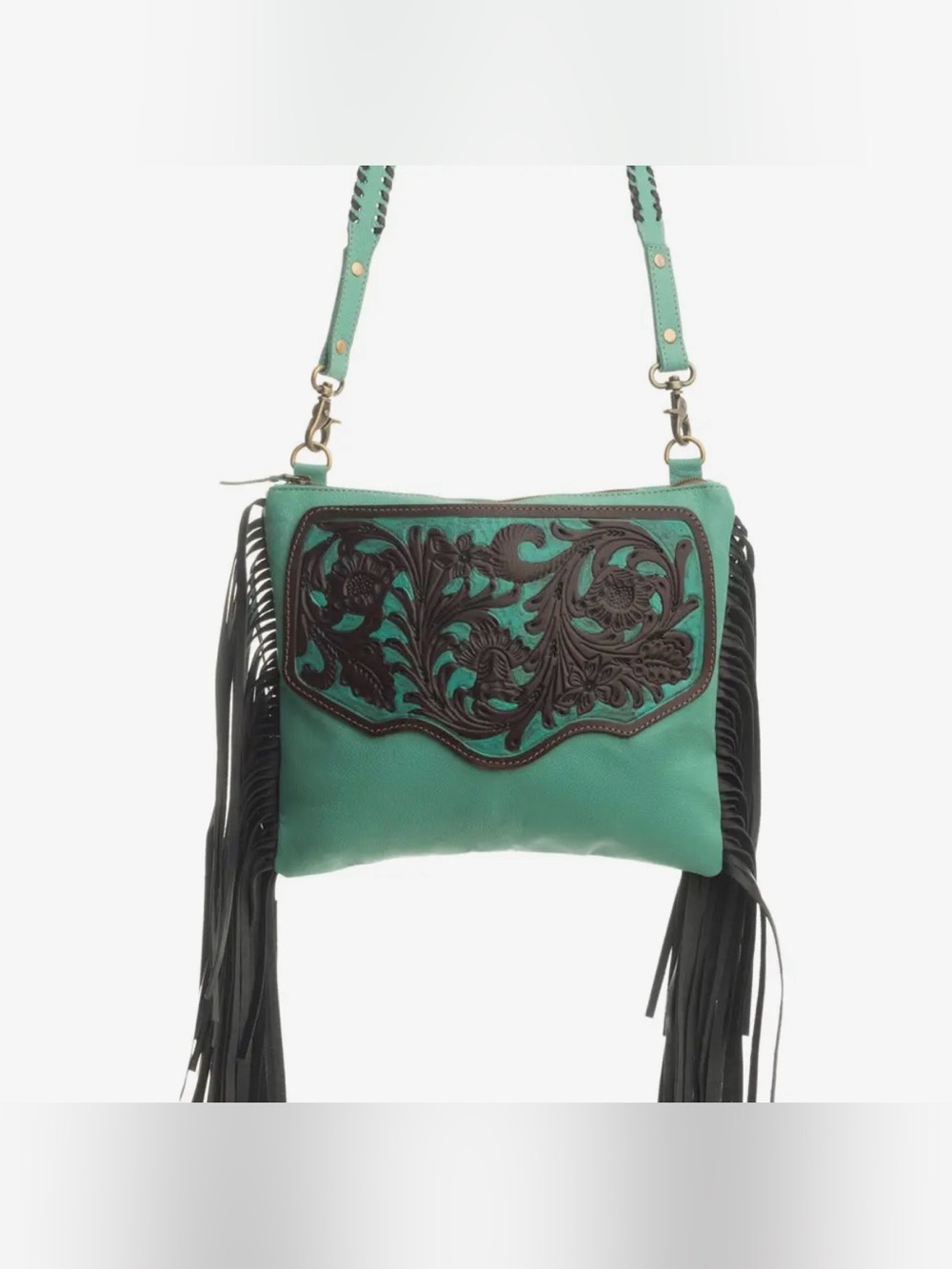 Myra Millstone Fringe Teal Hand-tooled Leather Boho Western Bag Purse Handbag
